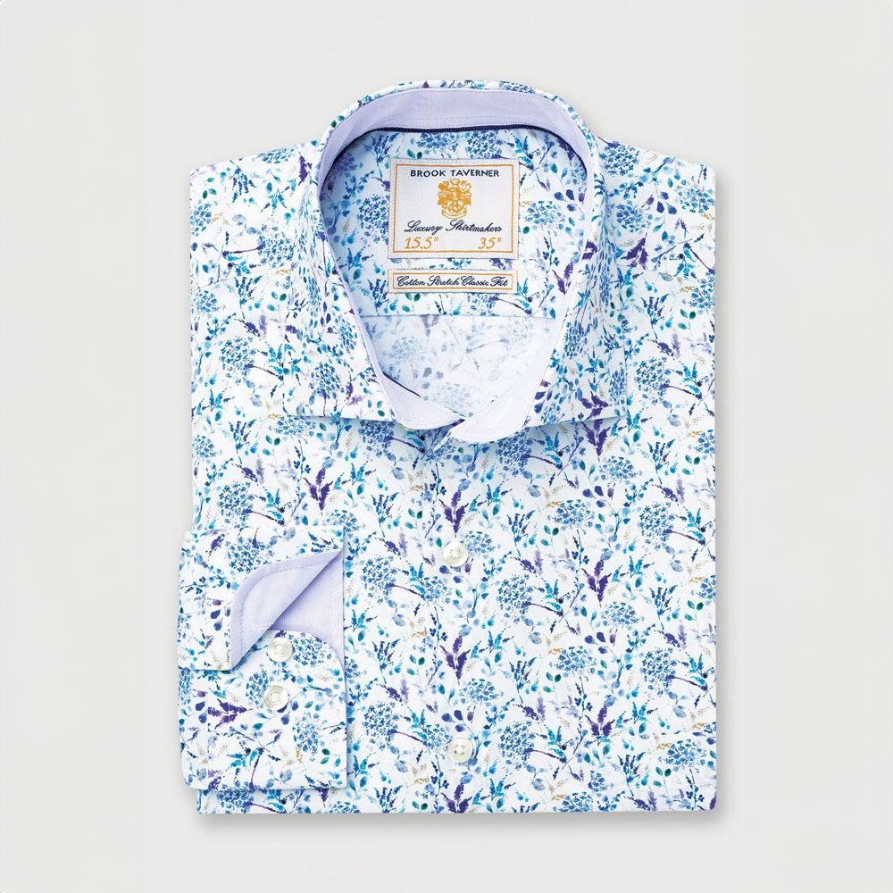 Brook Taverner Stretch Floral Print Shirt Blue