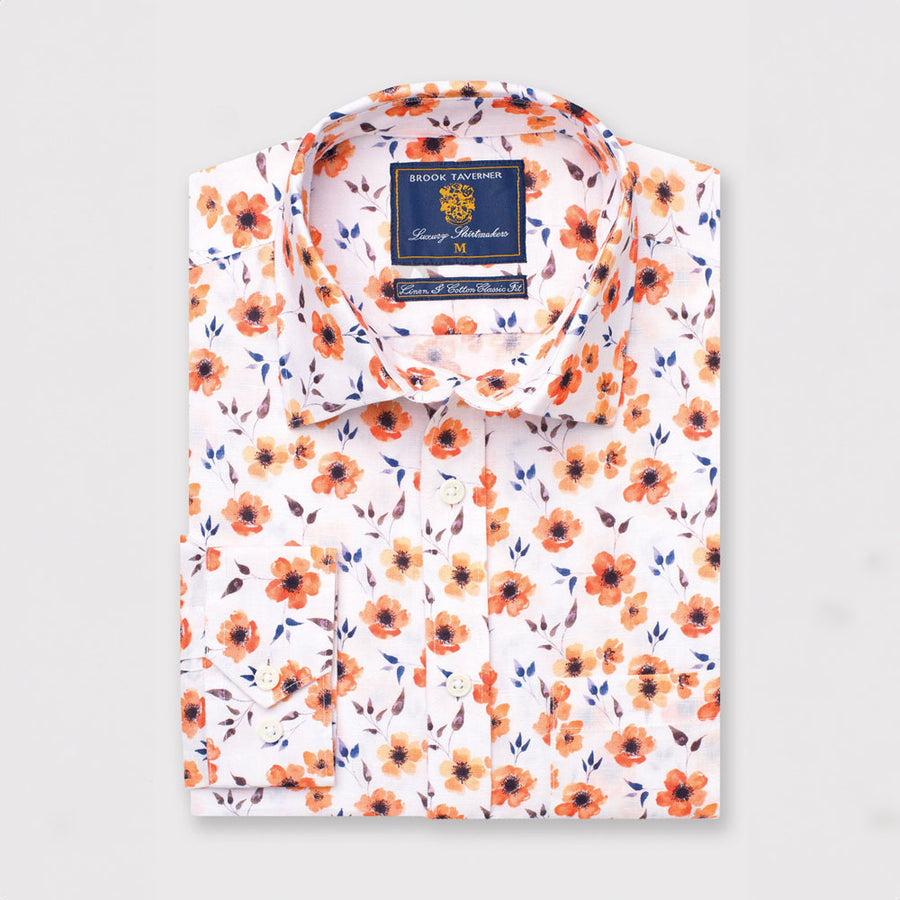 Brook Taverner Classic fit Cotton/Linen Shirt Orange