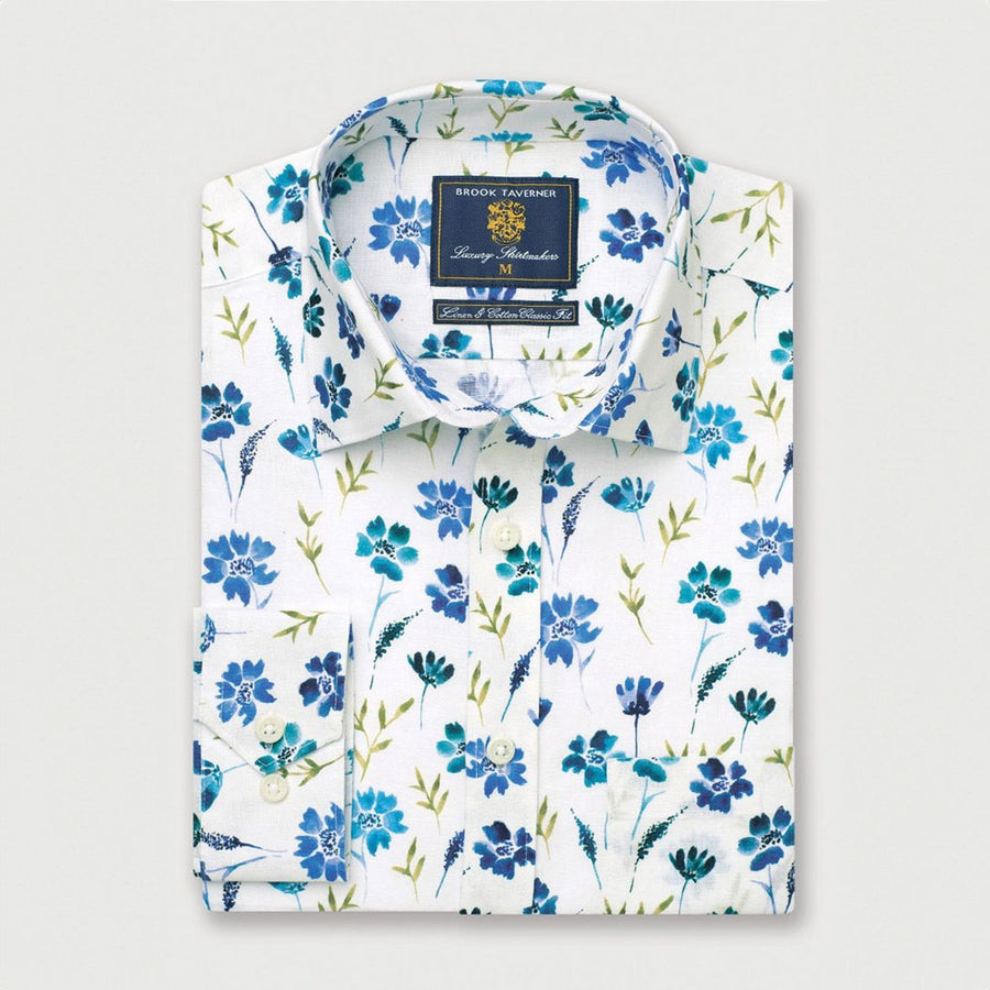 Brook Taverner Classic fit Cotton/Linen Shirt White Floral